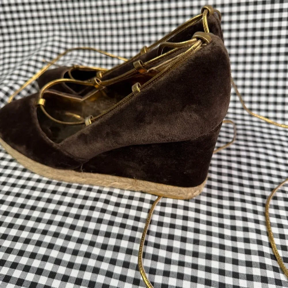 Tory Burch Velvet Espadrille Wedge Heels Brown Gold Lace Up Size 6.5